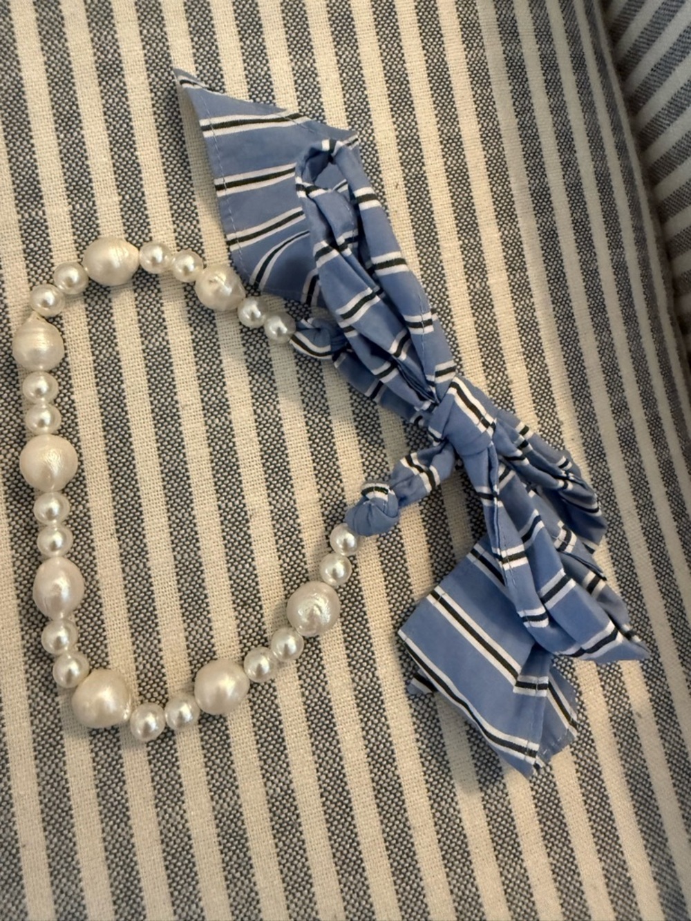 Ann Taylor Pearl Beaded Blue Striped Bow Necklace - Women Accessories